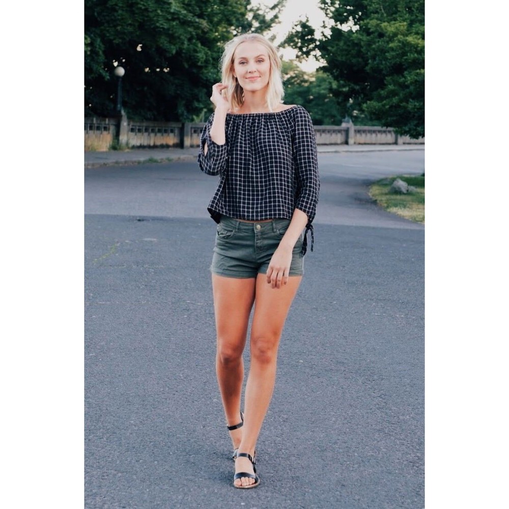 Madewell Womens Blouse M L Plaid Off Shoulder Cold Shirt Black Bow Ties Top NWT